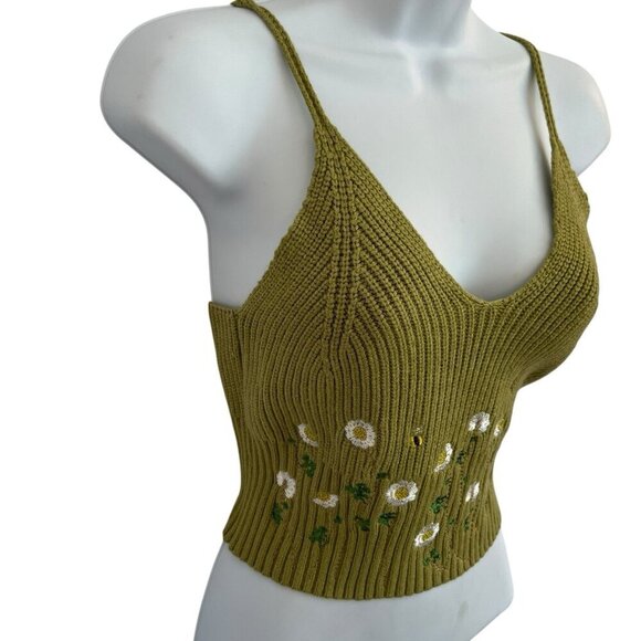 Cider XL Knit Floral Crop Tank Top Olive Green Bees Flower Garden Cottagecore - Picture 5 of 11